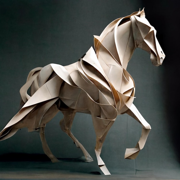 Cheval fabriqué à partir de rubans d'origami qui coule dans le vent ai génératif