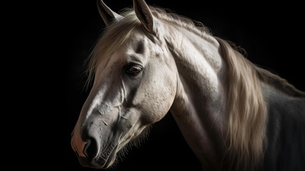 Un cheval sur fond noir avec un fond noir.