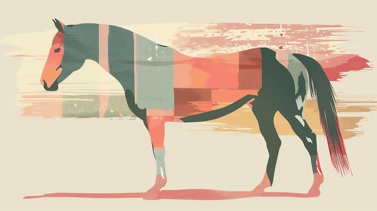 Photo cheval gracieux avec un motif de peinture abstraite colorée sur son corps debout de côté sur un fond beige avec un soupçon d'un fond rose texturé