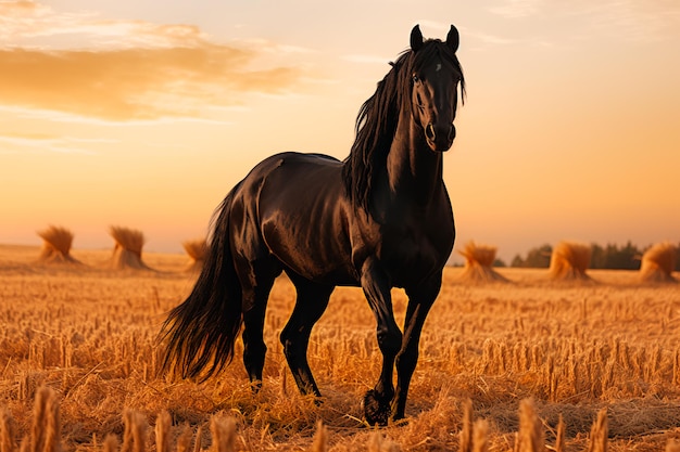 Cheval gracieux noir sur le terrain au coucher du soleil Portrait d'un animal