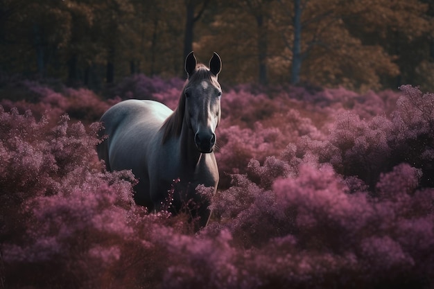 Un cheval gris broutant dans un champ de fleurs violettes Generative AI
