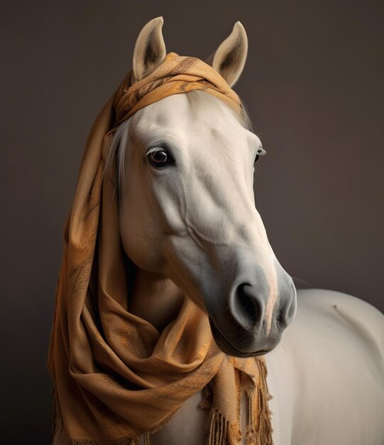 cheval gris avec un foulard dans un portrait de fond gris créé par la technologie d'intelligence artificielle générative