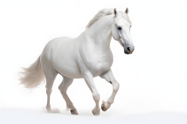 Cheval heureux sautant fond blanc pur contraste élevé bien éclairé mise au point nette