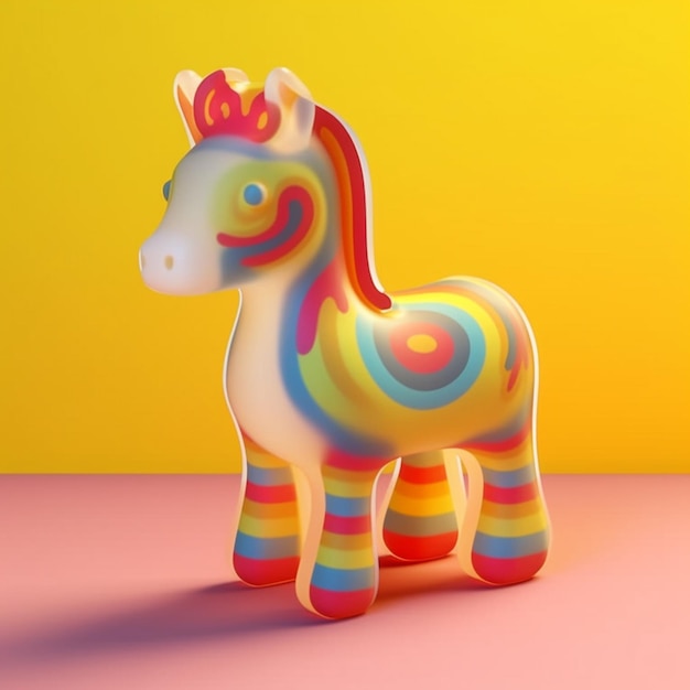 Un cheval de jouet aux couleurs vives debout sur une surface rose avec un fond jaune génératif ai