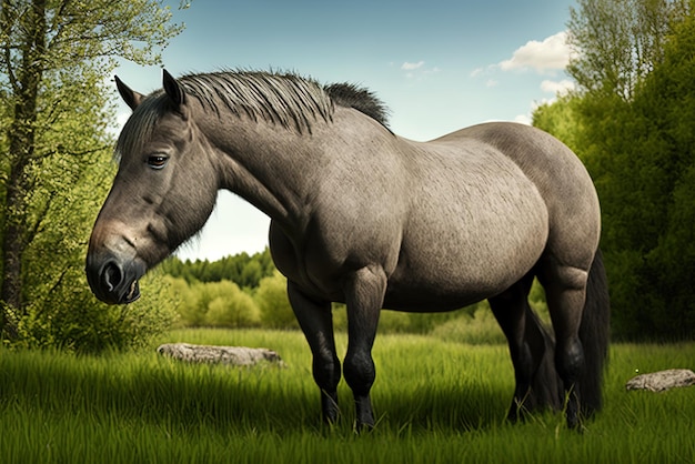 Photo un cheval konik polonais au pâturage dans le semi-sauvage