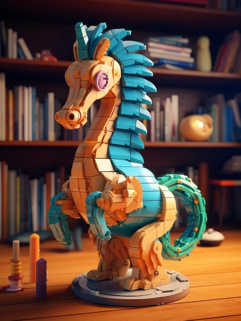 Photo un cheval lego fait de blocs lego est sur une table.