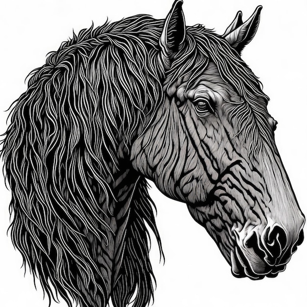 Un cheval avec une longue crinière et un dessin de la tête en noir et blanc.