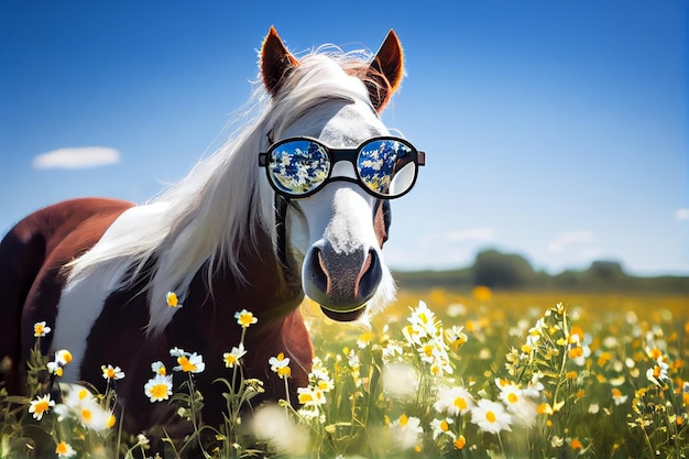 Cheval à lunettes sur le champ de camomille et marguerites Generative AI