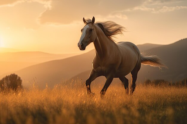 Un cheval majestueux galopant sur une plaine dorée