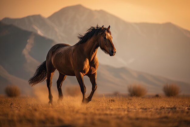 Un cheval majestueux galopant sur une plaine dorée