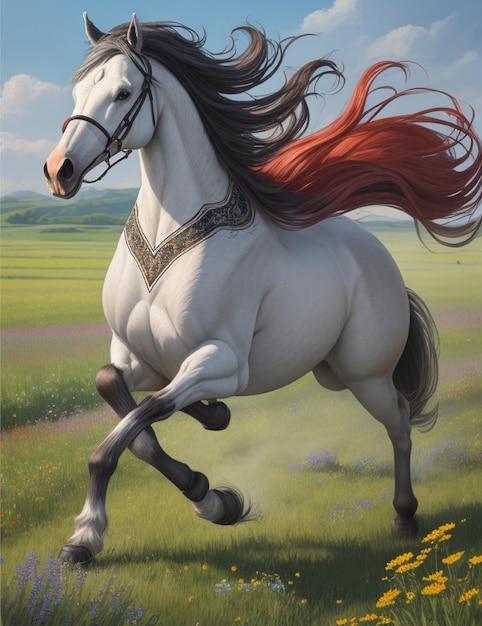Un cheval majestueux galopant à travers un champ de fleurs sauvages sa crinière coulant dans le vent