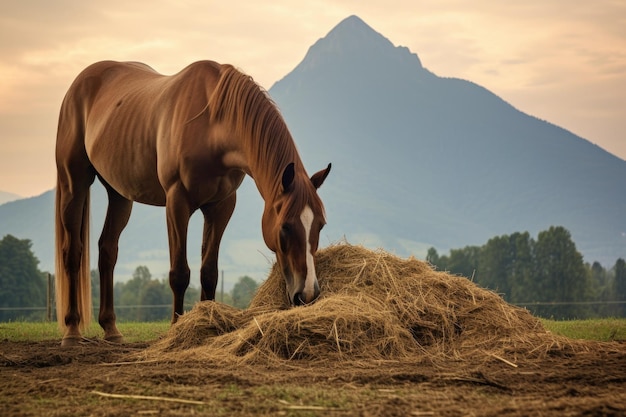 Cheval mangeant du foin avec un paysage de montagne en arrière-plan créé avec une IA générative