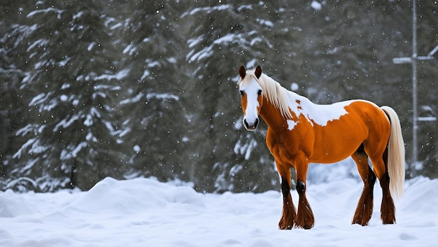 Un cheval avec un manteau blanc se tient debout dans la neige.