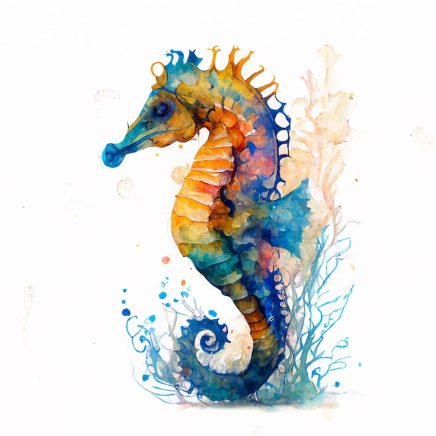 cheval de mer aux couleurs vives avec des aquarelles bleues et orange sur fond blanc