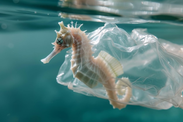 Photo cheval de mer dans un sac en plastique flottant dans l'eau concept de pollution des mers et des océans