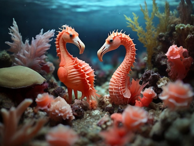 Le cheval de mer, le flamant, l'étoile de mer dans la photo corallienne vivante