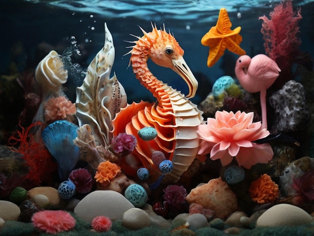 Le cheval de mer, le flamant, l'étoile de mer dans la photo corallienne vivante