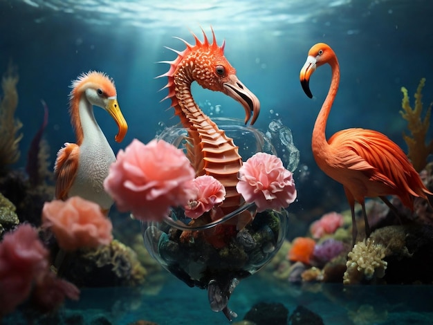 Le cheval de mer, le flamant, l'étoile de mer dans la photo corallienne vivante