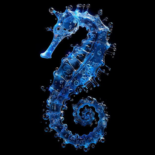 Cheval de mer formé dans l'eau de l'océan en cascade bleu transparent Li Art d'arrière-plan Y2K Concept brillant
