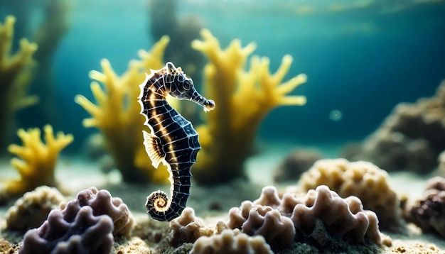 un cheval de mer nage dans un récif corallien avec une algue