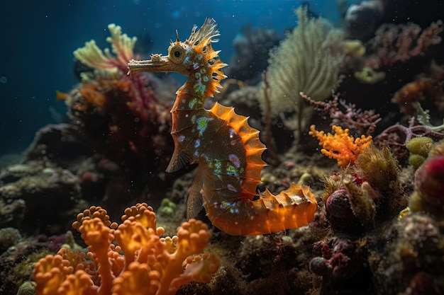 Un cheval de mer nageant parmi des coraux vibrants et des poissons curieux.