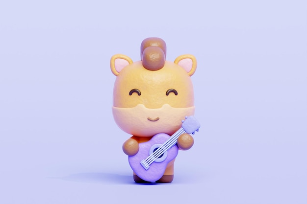 Cheval mignon 3D jouant de la guitare Personnage animal de dessin animé Rendu 3D