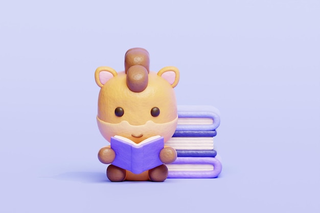 Cheval mignon 3D lisant un livre Personnage animal de dessin animé Rendu 3D
