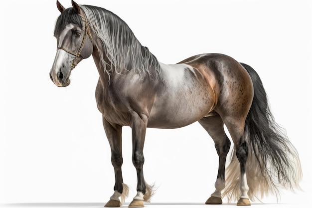 Cheval mixte espagnol et arabe de 8 ans debout devant un fond blanc dans un portrait