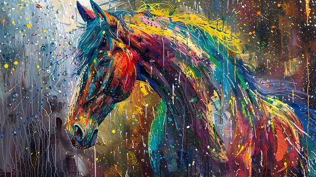 Un cheval multicolore tourné vers la gauche avec une crinière colorée L'arrière-plan est d'une couleur sombre avec des éclaboussures de peinture multicolore