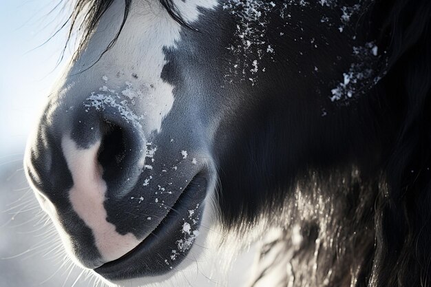 Photo un cheval avec de la neige sur le nez et un nez noir