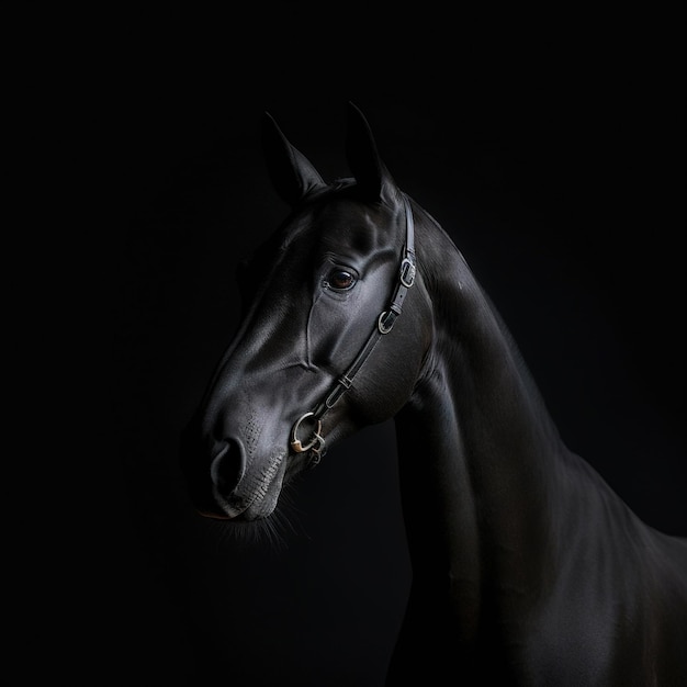 Un cheval noir avec une bride et une bride dans le noir.