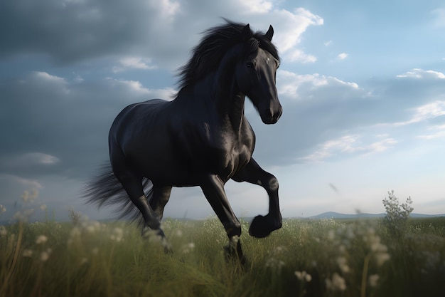 cheval noir courant dans un champ étalon frison