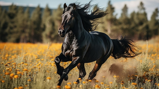 un cheval noir courant sur l'herbe large