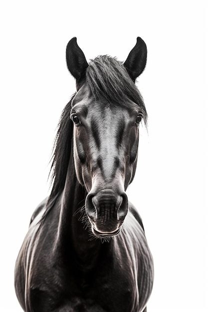 Un cheval noir avec une crinière noire et un fond blanc