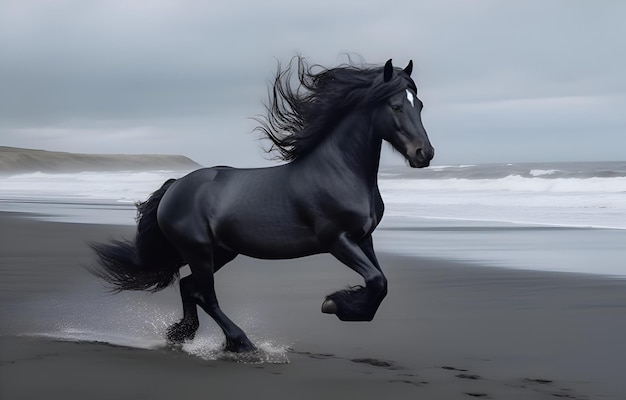 Cheval noir sur le fond d'écran de la plage