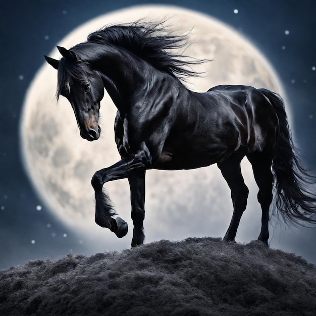 Cheval noir sur le fond de la lune