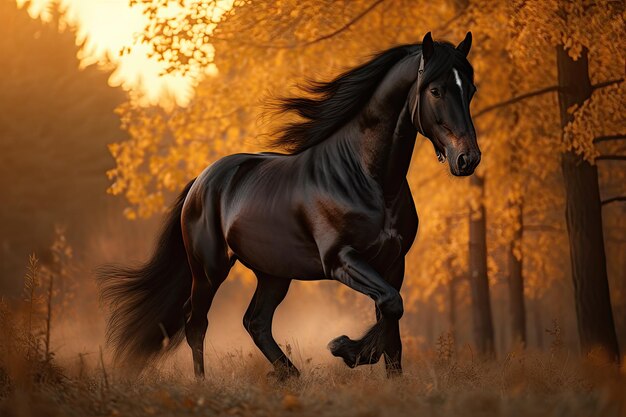 Un cheval noir galopant dans un champ vert sous le soleil couchant majestueux et confiant IA génératif