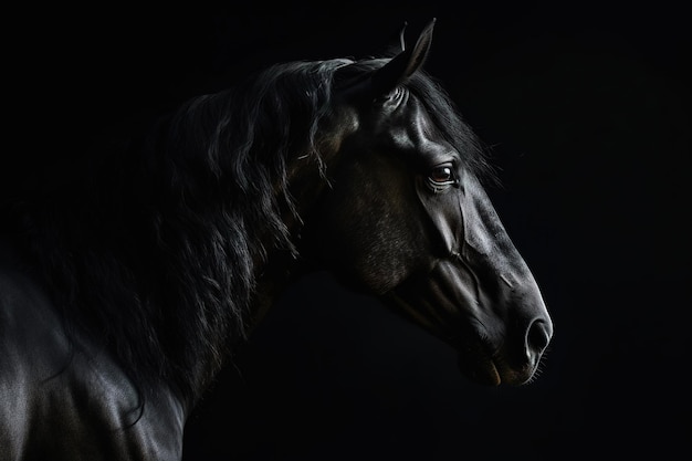 Un cheval noir avec une longue crinière et une longue queue