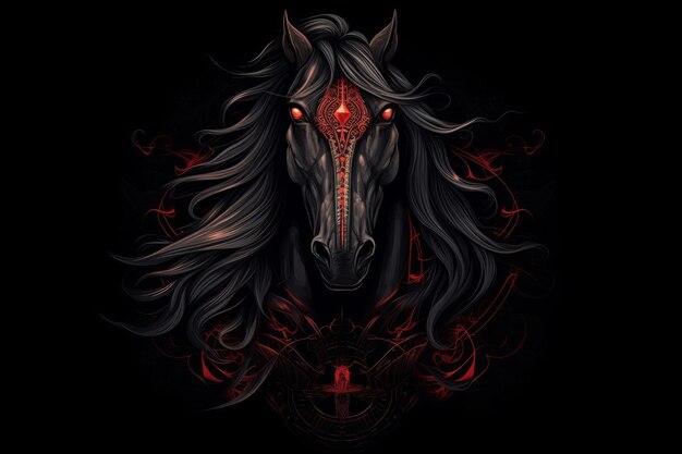 Un cheval noir avec un oeil rouge et un oeil rouge.