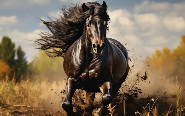 Un cheval noir qui traverse un champ d'herbes hautes AI