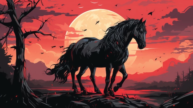 un cheval noir se tient devant un coucher de soleil rouge