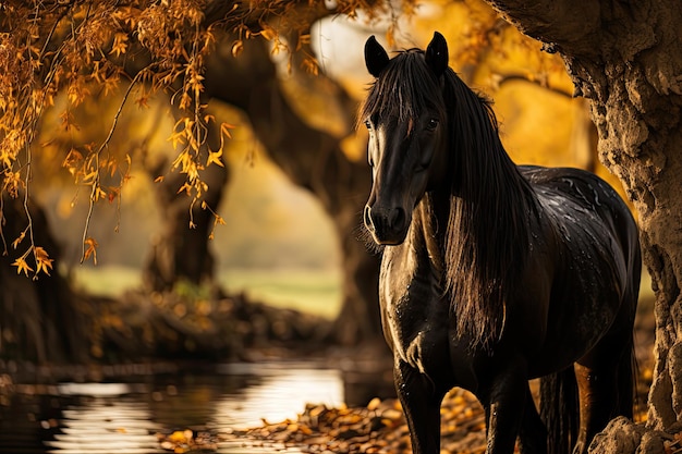 Cheval noir serein sous l'arbre au Campestre au crépuscule génératif IA