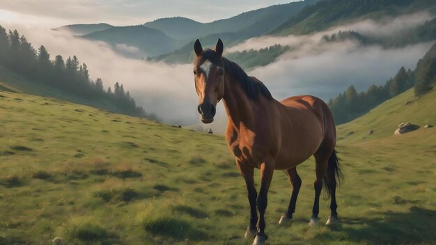 Le cheval pâture dans un pâturage de montagne où, après la pluie, les pâturages verts dans la zone alpine dans le Carpathe