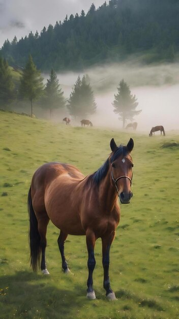 Le cheval pâture dans un pâturage de montagne où, après la pluie, les pâturages verts dans la zone alpine dans le Carpathe