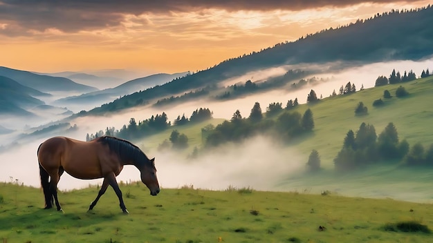 Le cheval pâture dans un pâturage de montagne où, après la pluie, les pâturages verts dans la zone alpine dans le Carpathe