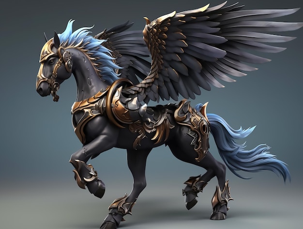 Cheval pégase noir avec des ailes avec armure