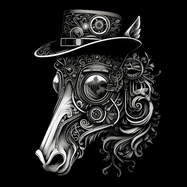 cheval portant un chapeau steampunk et des lunettes google