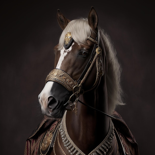 Un cheval portant une veste en cuir et une chaîne en or autour du cou.