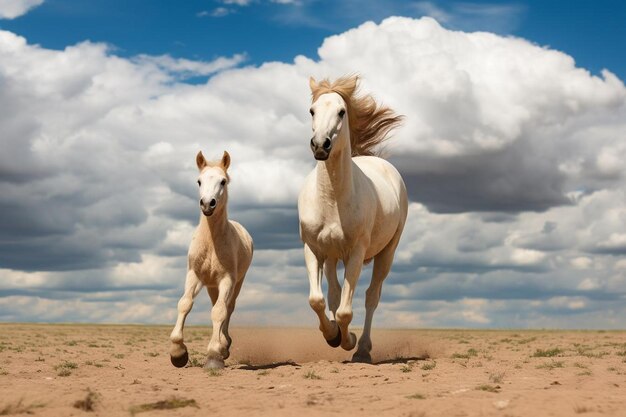 Un cheval et un poulain profitent d'une poursuite ludique dans un espace ouvert.