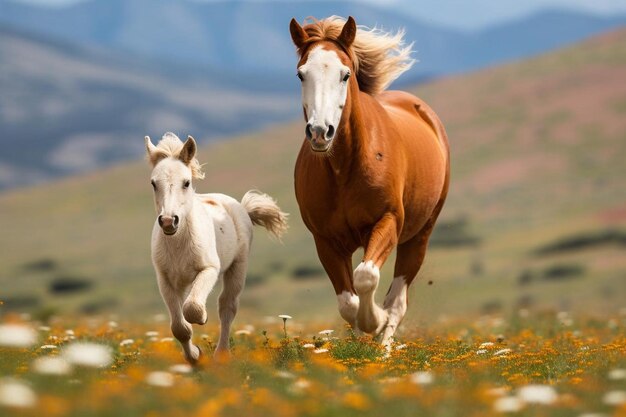 Un cheval et un poulain profitent d'une poursuite ludique dans un espace ouvert.